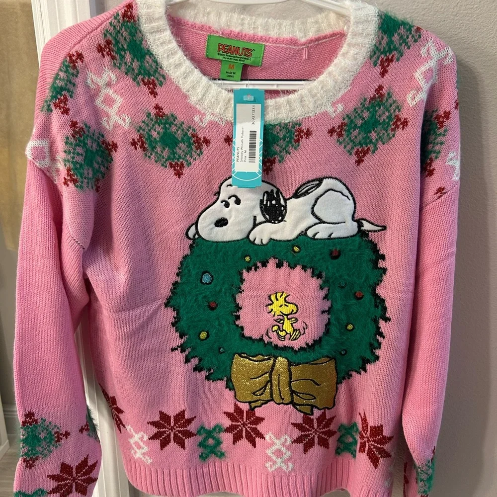 Peanuts Pink Snoopy Holiday Sweater - super cute !! Fuzzy collar with bling ! - Picture 2 of 5